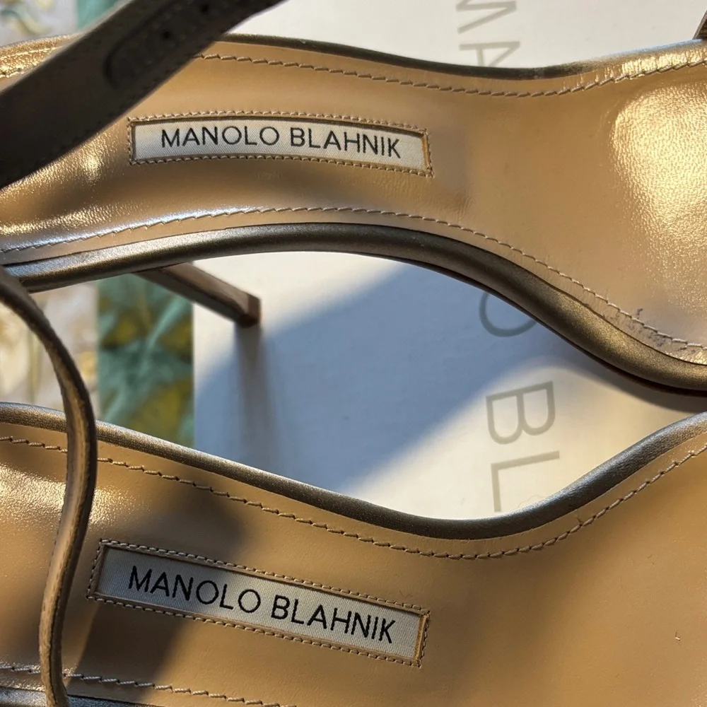 Manolo Blahnik Metallic Satin Ankle-Strap Stiletto Sandals - Picture 3 of 12